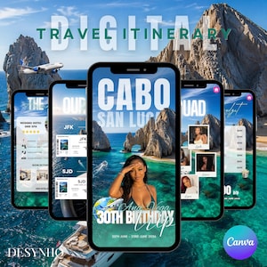 May include: A digital travel itinerary template displayed on five smartphone screens featuring Cabo San Lucas, Mexico. The screens show text including 'Cabo San Lucas', '30th Birthday Trip', flight details, hotel information, and budget breakdowns with photos.