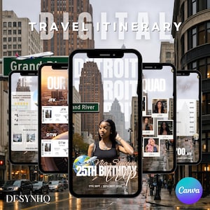 K&ouml;nnte beinhalten: Digitaler Reiseplan, der auf Smartphones angezeigt wird. Das Design enth&auml;lt den Text "TRAVEL ITINERARY", "DETROIT" und "25TH BIRTHDAY TRIP". Der Reiseplan zeigt Bilder, Daten und Orte mit einem Stadtbildhintergrund.