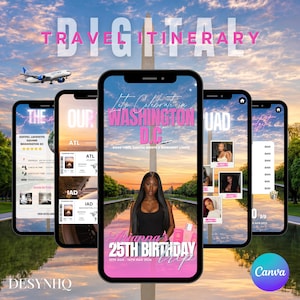 May include: A digital travel itinerary template for a 25th birthday trip to Washington D.C. displayed on multiple smartphone screens. The design features pink text, a photo of a person, flight boarding passes, and hotel details against a sunset background.