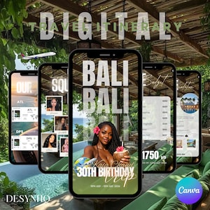 Può includere: Diversi smartphone mostrano un itinerario di viaggio digitale. Lo schermo principale mostra "BALI BALI" con una donna che tiene in mano una bevanda al cocco. Altri schermi mostrano dettagli di viaggio, foto e un riepilogo del budget. È visibile anche il testo "30TH BIRTHDAY TRIP".