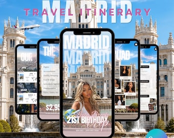 Digital Madrid Birthday Trip Itinerary Template, Editable Canva Weekend Travel Planner