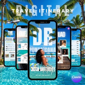May include: A digital travel itinerary displayed on five smartphones. The screens show travel details, including a resort, flight information, and a budget. The background features a tropical scene with palm trees, a pool, and an airplane.