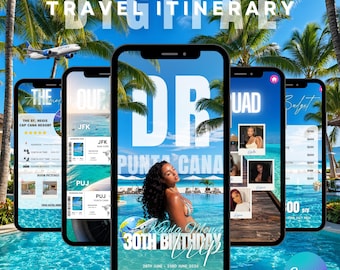 Modèle numérique d'itinéraire de voyage d'anniversaire de Punta Cana, planificateur de voyage de week-end modifiable Canva
