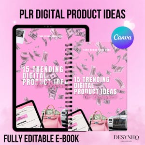 Puede incluir: Portada rosa de un libro electrónico de ideas de productos digitales con el texto "PLR DIGITAL PRODUCT IDEAS" y "15 TRENDING DIGITAL PRODUCT IDEAS for Beginners". La portada presenta ilustraciones de dinero, bolsos y un coche de lujo.