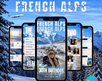 Digital French Alps Ski Trip Birthday Trip Itinerary Template, Editable Canva Travel Planner