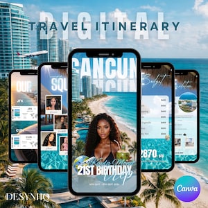 May include: A digital travel itinerary design featuring multiple smartphones displaying travel information. The central phone showcases a woman with a tropical drink, with text reading "Cancun" and "21st Birthday Trip". Other screens show flight details and budget information.