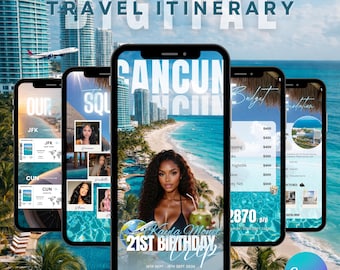 Plantilla digital de itinerario de viaje de cumpleaños a Cancún, México. Planificador de viajes de fin de semana editable en Canva.