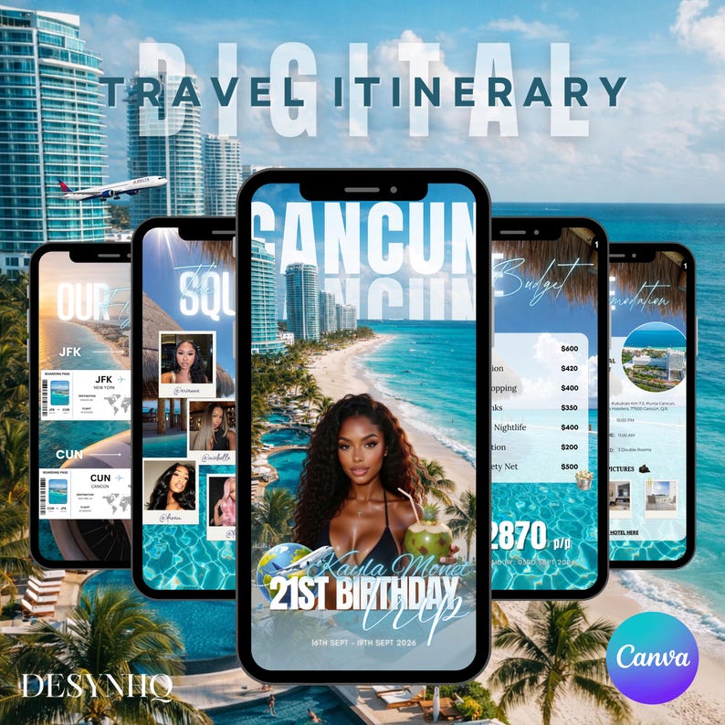 K&ouml;nnte beinhalten: Digitales Reiseplan-Design, das auf mehreren Smartphones angezeigt wird. Das zentrale Telefon zeigt eine Frau mit einem tropischen Getr&auml;nk, mit dem Text "Cancun" und "21st Birthday Trip". Andere Bildschirme zeigen Flugdetails und Budgetinformationen.