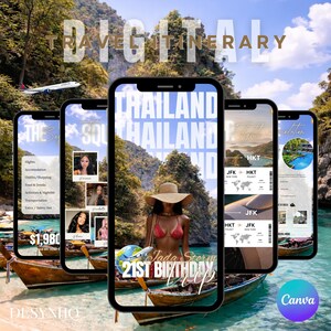 Op de afbeelding: Vijf smartphones tonen een digitale reisroute voor een reis naar Thailand. De schermen tonen vluchtgegevens, accommodatie en activiteiten. De reisroute is voor Jada Storms 21e verjaardag. De afbeelding bevat de tekst "Digital Travel Itinerary".