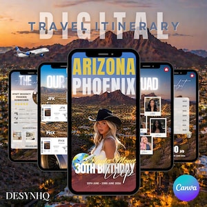 May include: Digital travel itinerary design featuring multiple smartphone screens. The central screen displays "Arizona Phoenix" with a woman in a cowboy hat. Other screens show flight details, hotel info, and a budget. The background shows a mountain landscape.