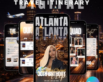 Digital Atlanta Birthday Trip Itinerary Template, Animated Editable Canva Weekend Travel Planner