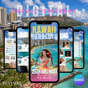 Könnte beinhalten: Fünf Smartphones zeigen eine digitale Reiseroute mit Hawaii-Thema. Die Bildschirme zeigen den Text "Hawaii Honolulu Squad" und "25th Birthday Trip". Der Hintergrund zeigt einen Strand, einen Berg und ein Flugzeug, mit dem Canva-Logo.