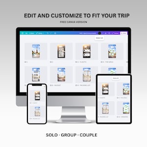Puede incluir: Una plantilla de itinerario digital que se muestra en un monitor de computadora, una tableta y un tel&eacute;fono inteligente. Las pantallas muestran dise&ntilde;os de planificaci&oacute;n de viajes con el texto "EDIT AND CUSTOMIZE TO FIT YOUR TRIP" y "FREE CANVA VERSION". La parte inferior de la imagen dice "SOLO GROUP COUPLE".