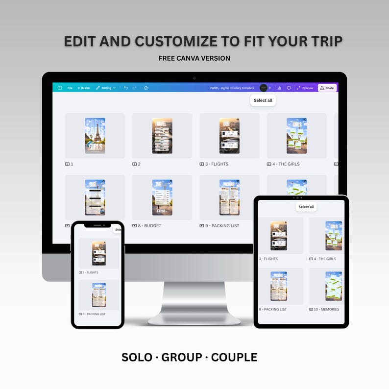 Puede incluir: Una plantilla de itinerario digital que se muestra en un monitor de computadora, una tableta y un tel&eacute;fono inteligente. Las pantallas muestran dise&ntilde;os de planificaci&oacute;n de viajes con el texto "EDIT AND CUSTOMIZE TO FIT YOUR TRIP" y "FREE CANVA VERSION". La parte inferior de la imagen dice "SOLO GROUP COUPLE".