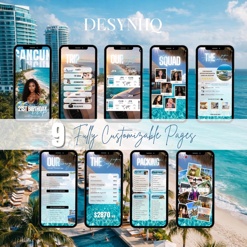 K&ouml;nnte beinhalten: Neun Smartphones zeigen Inhalte zum Thema Reisen vor tropischem Strandhintergrund. Die Bildschirme zeigen Reiseplanungsseiten, darunter eine Geburtstagsfeier, Budgetdetails, Packlisten und Fotocollagen. Der Text "DESYNHO" und "9 Fully Customizable Pages" sind sichtbar.
