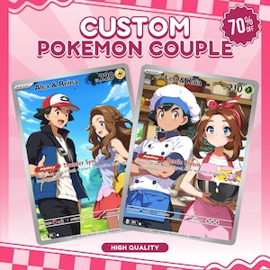 Tarjeta Pokémon personalizada, retratos Pokémon para San Valentín, retratos personalizados de pareja, familia y mascota, tarjeta Pokémon personalizada por encargo, regalo para el Día de la Madre.