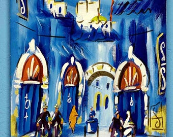 10×13inch,Original  Acrylic Painting,Chefchaouen Moroccan, Pearl Wall Art