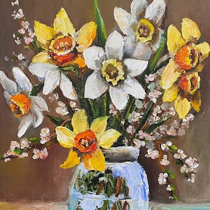Narcisos, pintura al óleo, flores de primavera hechas a mano, sobre cartón, tamaño 8 x 10 pulgadas barnizadas, sin marco
