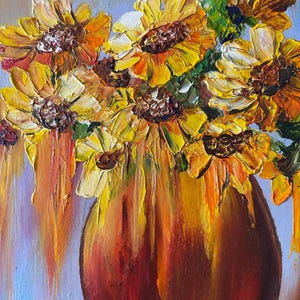 Floral abstraction sunflowers in a vase, personal artwork,flower arrangement, original art,oil painting, hardboard, 8 by 8 inches, varnished