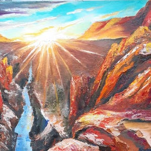 Gran Cañón de Arizona, pintura al óleo. Las rocas rojas están iluminadas por los rayos del sol. Cartón de 10 por 8 pulgadas, barniz, sin marco.