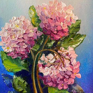 Pintura al óleo de hortensia, empasto, pintura con textura floral, tamaño 5,9 x 7,85 pulgadas, lienzo sobre cartón, sin marco