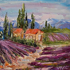Mini pintura al óleo de Provenza, montañas y campo de lavanda, empastado, arte original, pinturas al óleo profesionales, cartón de 6 x 6 pulgadas