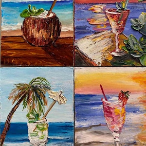 ACEO-Set mit 4 doppelseitigen Meeresbildern - eine Seite ist eine Meereslandschaft, die andere ist ein Cocktail auf Meereshintergrund, Ölfarben Varnich