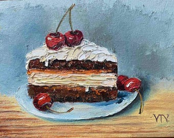 チェリーケーキの油絵、厚塗り、手作りキッチンデザートアート - Etsy 日本