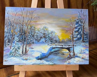 油絵 絵画 孟冬 子供たちとの冬景色。油絵オリジナル。印象派の風景。雪絵の冬の風景