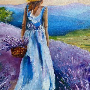Girl in a lavender field oil painting fabric mounted on cardboard 11.8 by 15.7 , impasto, professional paints, glossy varnish, needs a frame