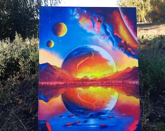 鮮やかな宇宙油絵：キャンバスに描かれた輝く惑星