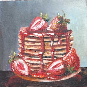 panqueques con fresas y almíbar, cuadro para la cocina, comida. realizado con pinturas al óleo sobre cartón de 6 por 6 pulgadas, cubierto con barniz