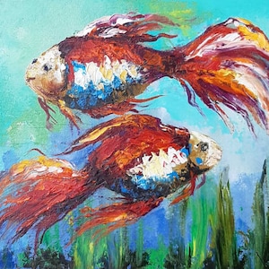 peinture à l'huile moderne de poisson, art original, original fait main sur carton 20 par 6 pouces, verni, sans cadre
