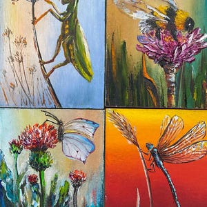 Arte original ACEO, pintura frente e verso, 4 pinturas a óleo com insetos, e no verso uma surpresa - 4 paisagens de verão, papelão