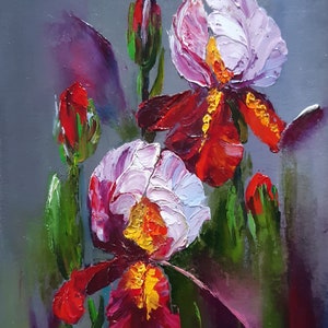 Flores iris Pintura al óleo, cartón 15*20 cm.Un cuadro original hecho a mano, la obra del autor está hecha con espátula.