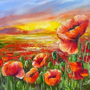 Campo de papoulas, pintura a óleo com horizonte brilhante, feita com tintas profissionais em painel duro de 10 por 8 polegadas, envernizada sem moldura