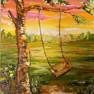 peinture à l'huile lumineuse, empâtement, balançoire sur un arbre, lever de soleil, perspective lointaine, paysage d'été, panneau de fibres durs 15 x 7 pouces, sans cadre