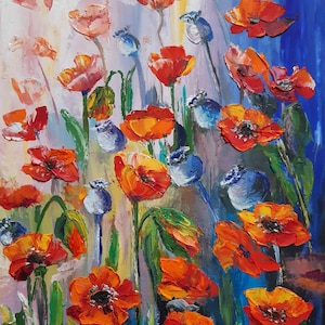papoulas vermelhas, campo de papoulas. pintura a óleo. imagem 6 por 8 polegadas