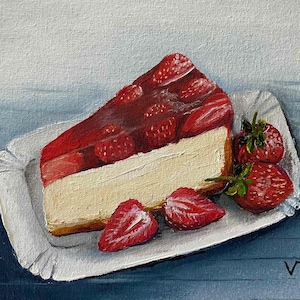 sweet dessert oil painting cheesecake with strawberries, food art, kitchen painting, canvas on cardboard 7.9 by 5.9 inches, unframed