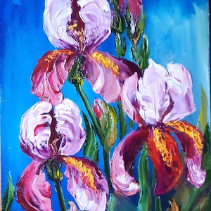Pintura de flores, impasto de íris, tintas a óleo, pintura de interiores, arte impressionista, presente moderno em miniatura, pintura colorida, 15*20cm