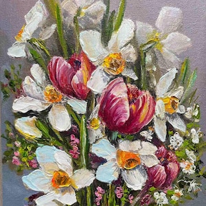 Pintura al óleo de tulipanes, pintura de flores, arte de tulipanes y narcisos hechos a mano, flores de primavera, tela sobre cartón, 5,9 por 7,9 pulgadas, sin marco