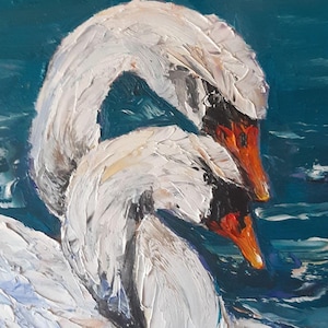 swan oil painting, original art, duck art, bird painting, home decor. gift for lovers, hardboard 5 by 7 inches. impasto style, white frame