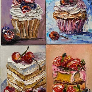 ACEO Geschenk-Set 4 Gemälde Sommerlandschaft auf der Rückseite süße Desserts, ein tolles Geschenk für Liebhaber von Miniaturen, Ölfarben, Lack