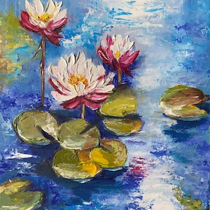 Pintura al óleo de nenúfares flores realizadas en técnica de empasto cartón 10 por 12 pulgadas, la pintura está barnizada