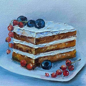 sweet dessert oil painting cake with berries kitchen painting food art,professional paints, canvas on cardboard 7.9 - 6 inches without frame