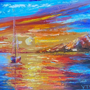 Atardecer en el mar, pintura al óleo sobre fondo dorado, pintura moderna brillante, hecha a mano, cartón de 10_8 pulgadas sin marco, cubierto con barniz brillante.