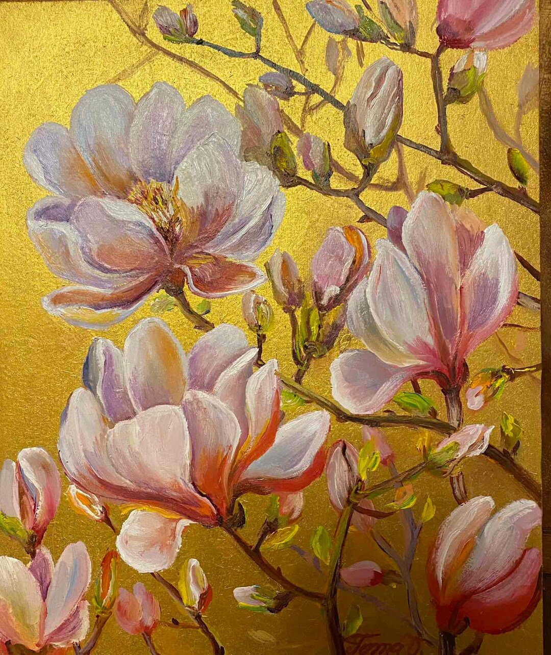 Magnolia Oil Painting on Gold Background, Magnolia Flowers Original ...
