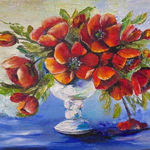 Amapolas en un jarrón, pintura al óleo, flores silvestres, hecho a mano, no es una impresión, pintura floral brillante sobre cartón, 12 x 10 pulgadas sin marco
