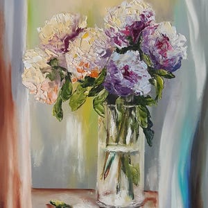 peinture d'intérieur, pivoines, abstraction, peinture texturée au couteau. avec des peintures à l'huile sur des panneaux durs de 30 x 40 centimètres