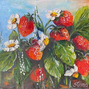 Fresa en una rama, flores y hojas de bayas brillantes, pinturas al óleo profesionales, 8-6 pulgadas, cartón, la pintura está barnizada, sin marco